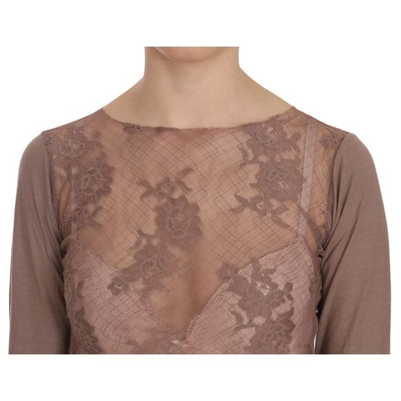 PINK MEMORIES Lace Overlay Long Sleeve Top Women Brown Tops & T-Shirts - Picture 5 of 5